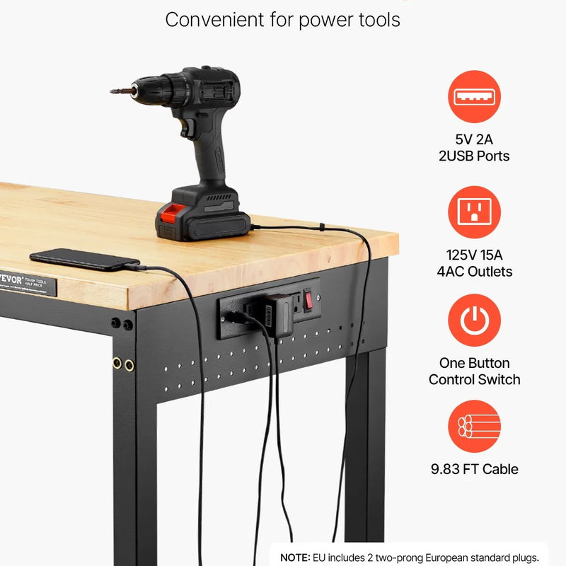 VEVOR 1500 mm darba galds uz riteņiem, regulējams augstums, ar elektroizvadi un instrumentu dēli