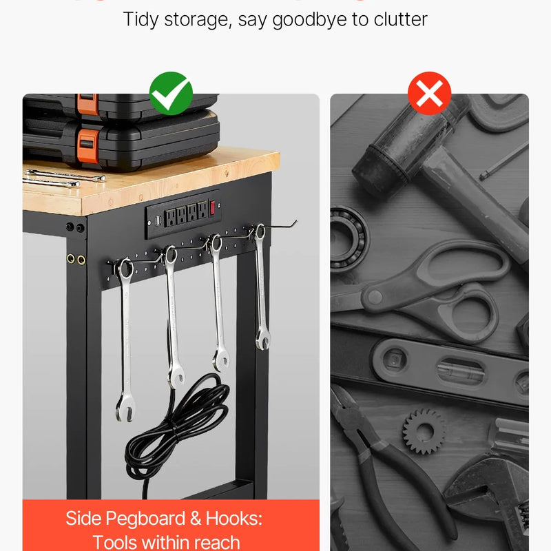 VEVOR 1500 mm darba galds uz riteņiem, regulējams augstums, ar elektroizvadi un instrumentu dēli