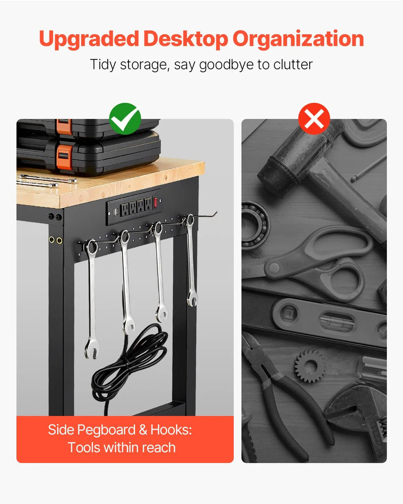 VEVOR 1500 mm darba galds uz riteņiem, regulējams augstums, ar elektroizvadi un instrumentu dēli