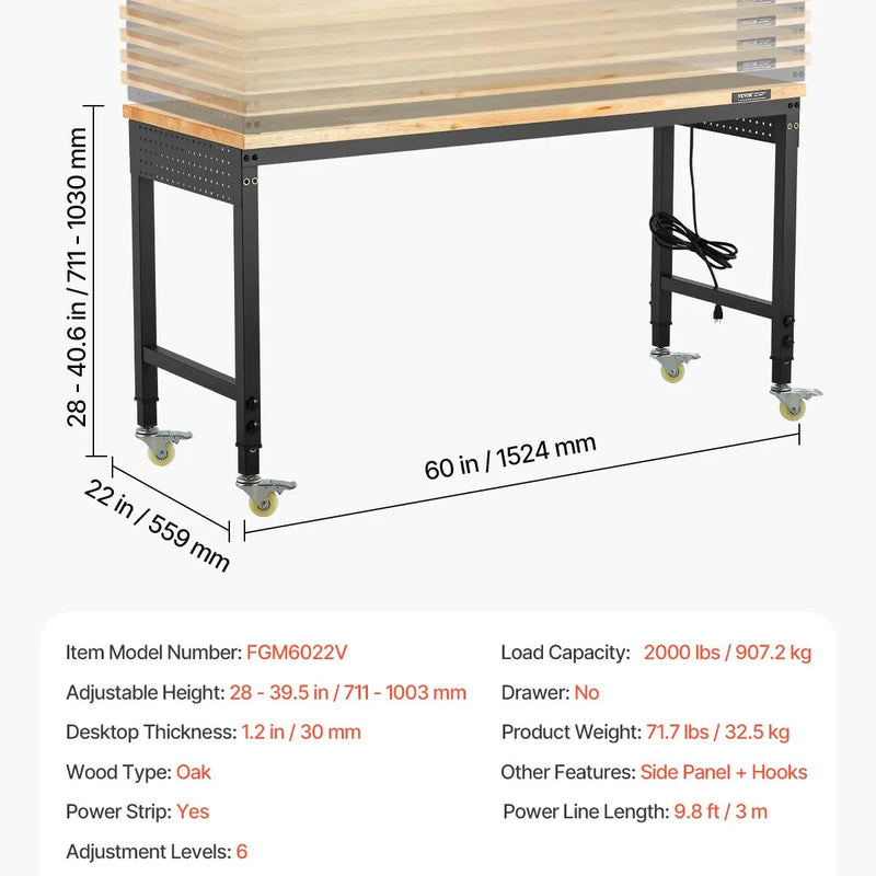VEVOR 1500 mm darba galds uz riteņiem, regulējams augstums, ar elektroizvadi un instrumentu dēli
