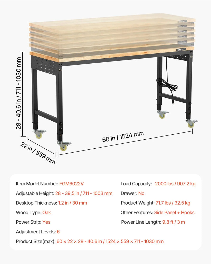 VEVOR 1500 mm darba galds uz riteņiem, regulējams augstums, ar elektroizvadi un instrumentu dēli