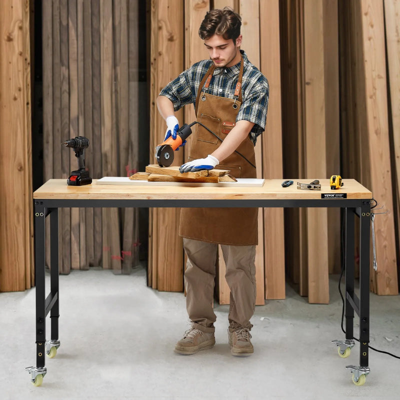 VEVOR 1500 mm darba galds uz riteņiem, regulējams augstums, ar elektroizvadi un instrumentu dēli