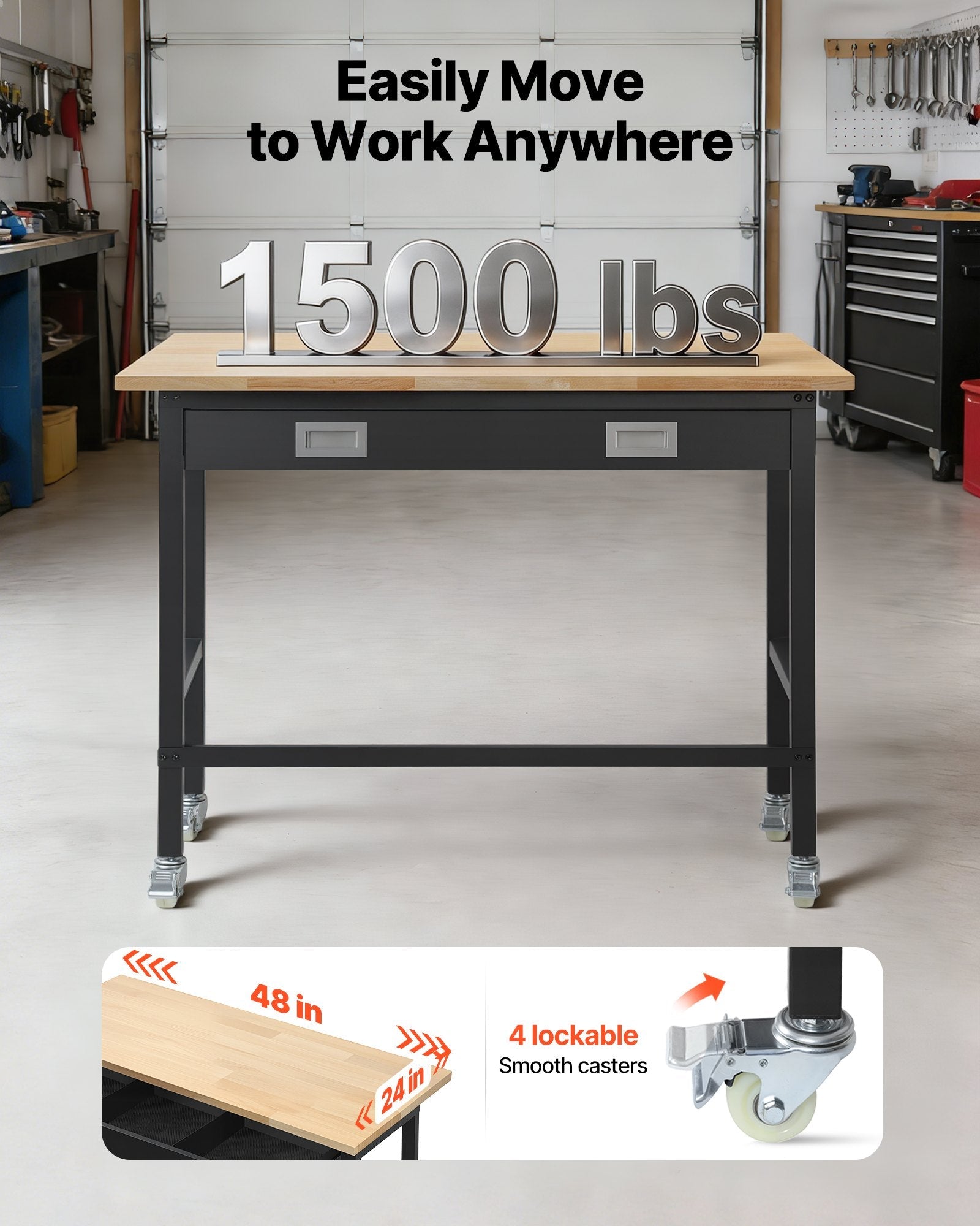 VEVOR darba galds 1220 mm, slodze līdz 680 kg, garāžas darba galds ar atvilktņu uzglabāšanu un riteņiem, darbnīcas galds uz riteņiem ar izturīgu ozolkoka virsmu, piemērots garāžai, darbnīcai, birojam un mājai