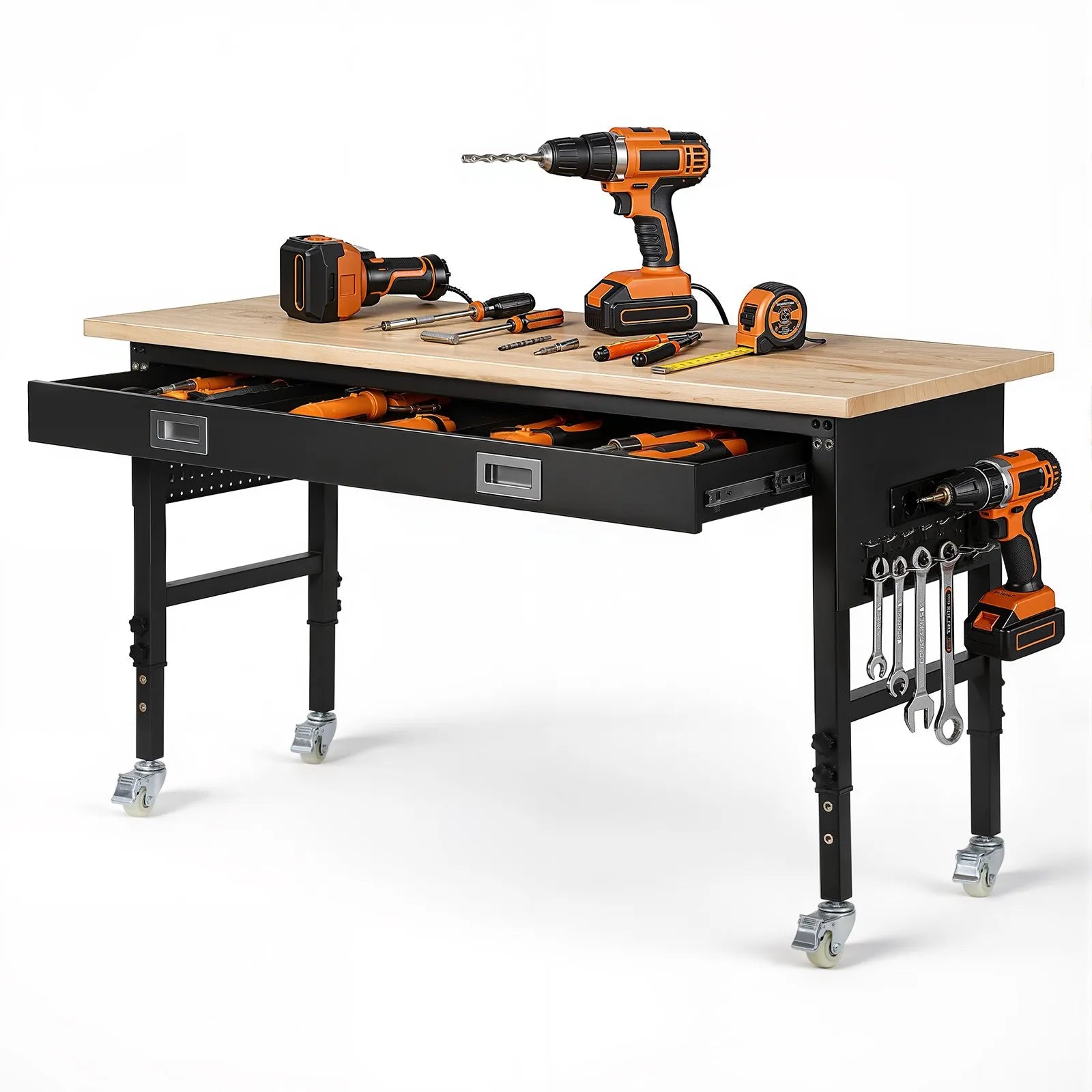 VEVOR regulējams darba galds 1524 mm, slodze līdz 680 kg, darba galds ar atvilktni, elektrības rozeti, riteņiem un perforēto instrumentu paneli, izturīga ozolkoka virsma, piemērots garāžai, darbnīcai, birojam un mājai