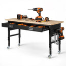 VEVOR regulējams darba galds 1524 mm, slodze līdz 680 kg, darba galds ar atvilktni, elektrības rozeti, riteņiem un perforēto instrumentu paneli, izturīga ozolkoka virsma, piemērots garāžai, darbnīcai, birojam un mājai
