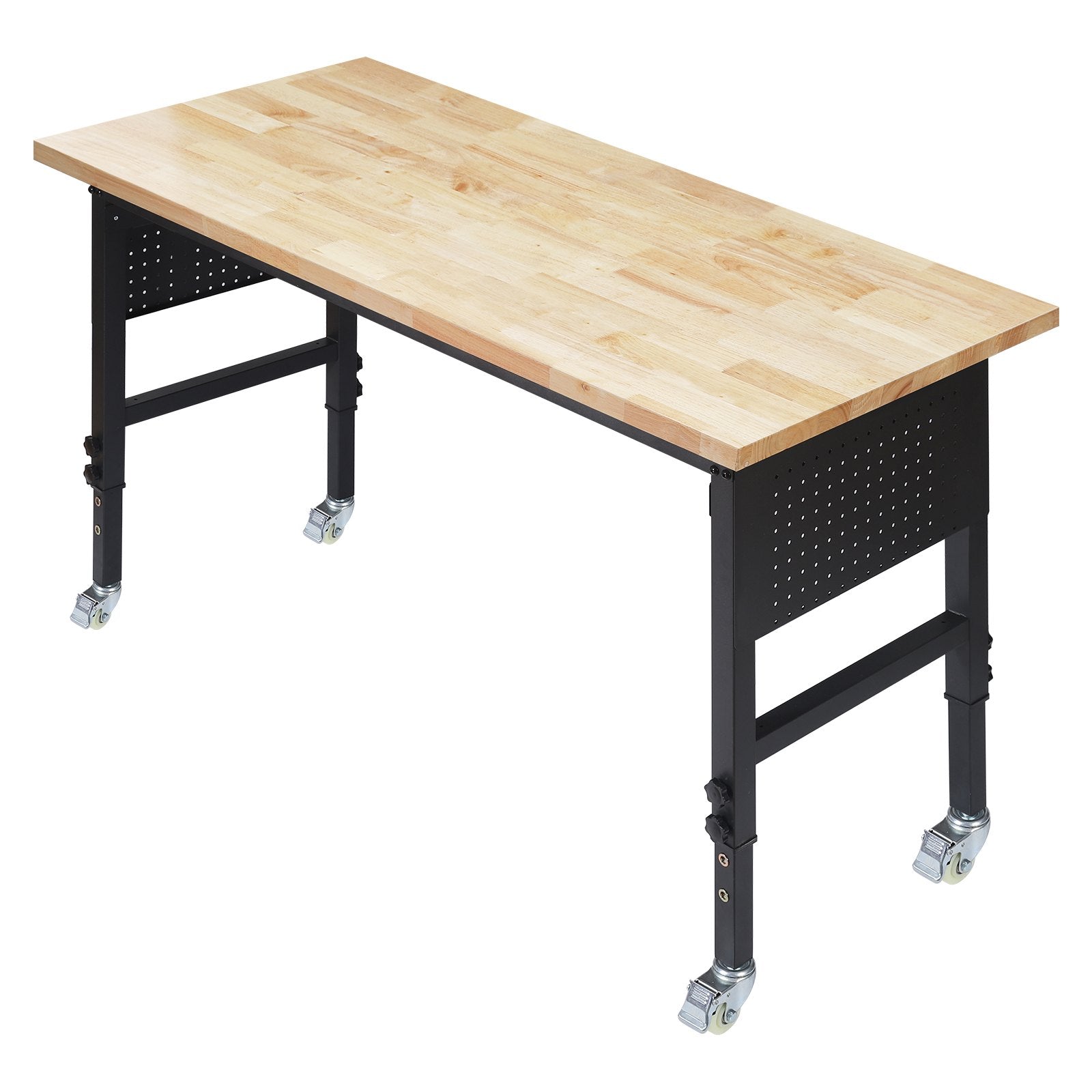 VEVOR regulējams darba galds 1524 mm, slodze līdz 680 kg, darba galds ar atvilktni, elektrības rozeti, riteņiem un perforēto instrumentu paneli, izturīga ozolkoka virsma, piemērots garāžai, darbnīcai, birojam un mājai