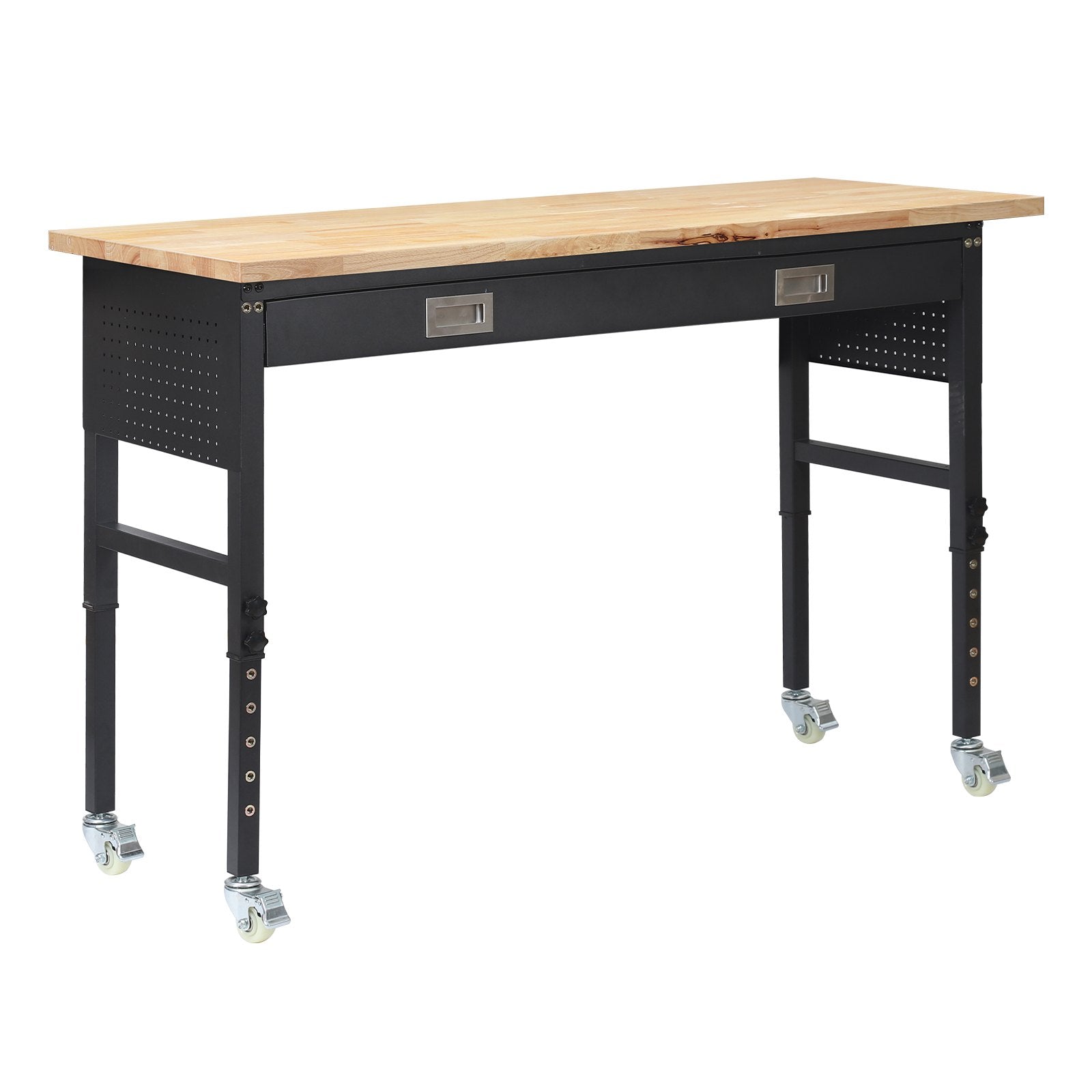 VEVOR regulējams darba galds 1524 mm, slodze līdz 680 kg, darba galds ar atvilktni, elektrības rozeti, riteņiem un perforēto instrumentu paneli, izturīga ozolkoka virsma, piemērots garāžai, darbnīcai, birojam un mājai