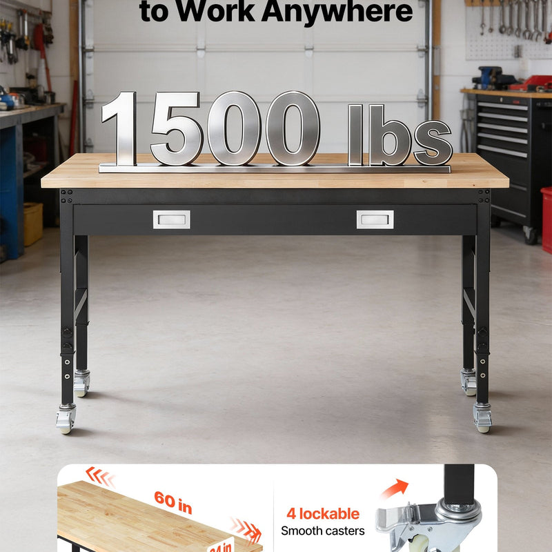 VEVOR regulējams darba galds 1524 mm, slodze līdz 680 kg, darba galds ar atvilktni, elektrības rozeti, riteņiem un perforēto instrumentu paneli, izturīga ozolkoka virsma, piemērots garāžai, darbnīcai, birojam un mājai
