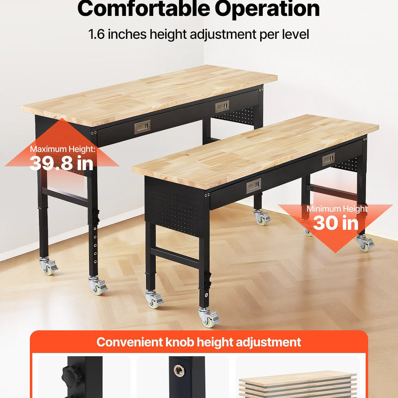 VEVOR regulējams darba galds 1524 mm, slodze līdz 680 kg, darba galds ar atvilktni, elektrības rozeti, riteņiem un perforēto instrumentu paneli, izturīga ozolkoka virsma, piemērots garāžai, darbnīcai, birojam un mājai