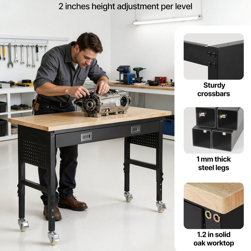 VEVOR regulējams darba galds 1524 mm, slodze līdz 680 kg, darba galds ar atvilktni, elektrības rozeti, riteņiem un perforēto instrumentu paneli, izturīga ozolkoka virsma, piemērots garāžai, darbnīcai, birojam un mājai