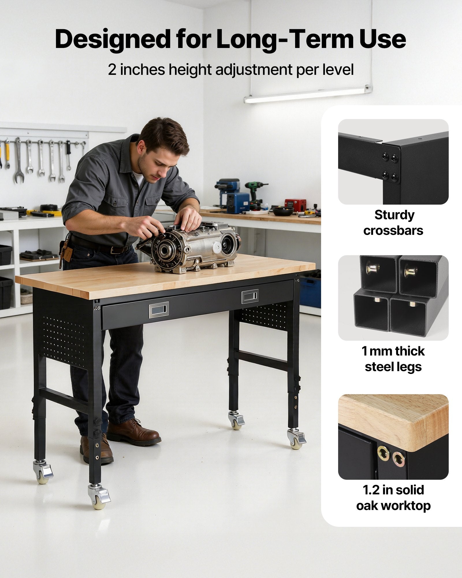 VEVOR regulējams darba galds 1524 mm, slodze līdz 680 kg, darba galds ar atvilktni, elektrības rozeti, riteņiem un perforēto instrumentu paneli, izturīga ozolkoka virsma, piemērots garāžai, darbnīcai, birojam un mājai