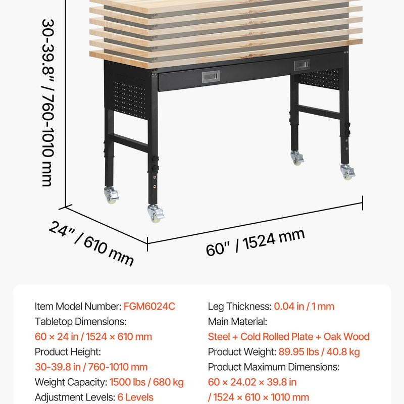 VEVOR regulējams darba galds 1524 mm, slodze līdz 680 kg, darba galds ar atvilktni, elektrības rozeti, riteņiem un perforēto instrumentu paneli, izturīga ozolkoka virsma, piemērots garāžai, darbnīcai, birojam un mājai