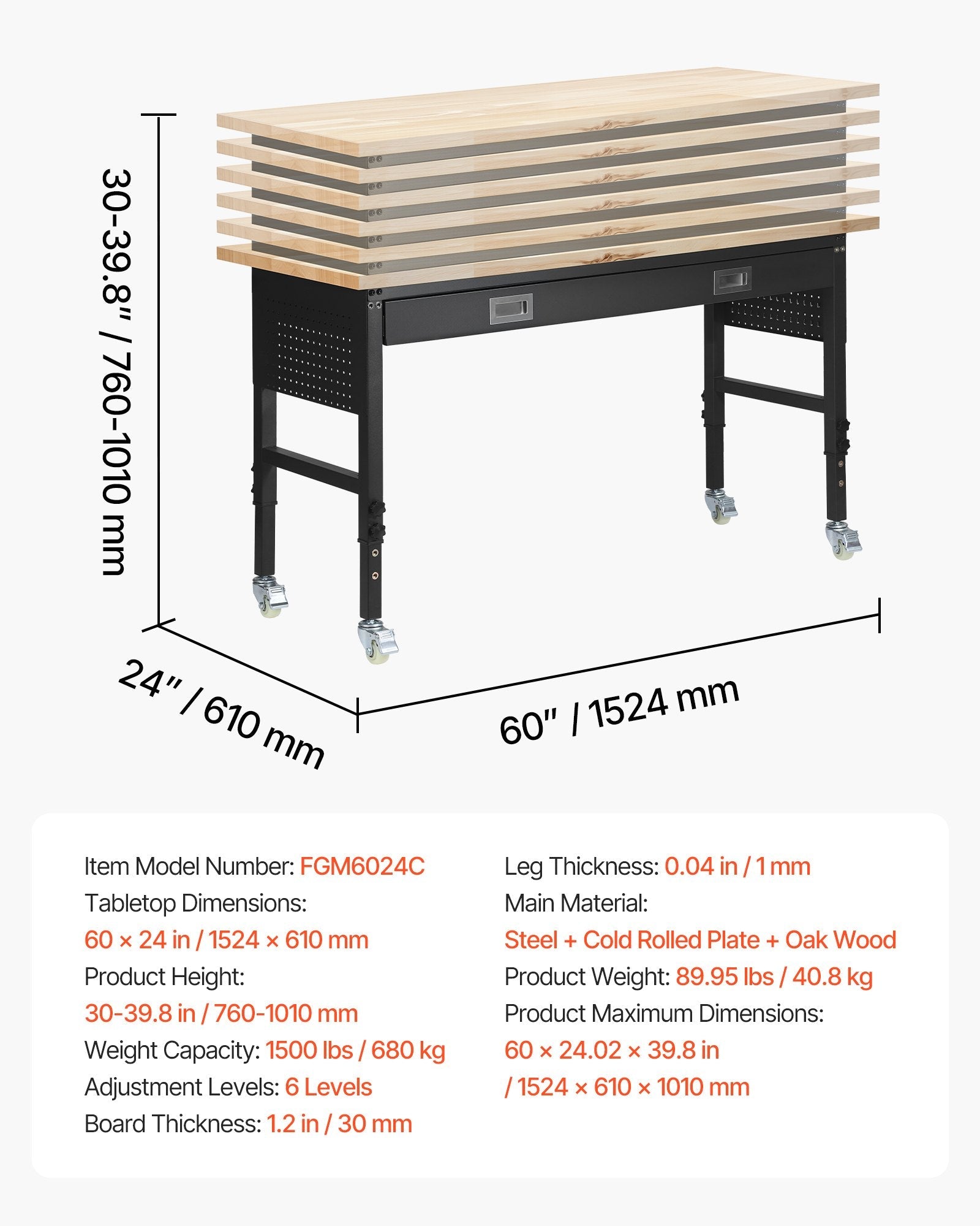 VEVOR regulējams darba galds 1524 mm, slodze līdz 680 kg, darba galds ar atvilktni, elektrības rozeti, riteņiem un perforēto instrumentu paneli, izturīga ozolkoka virsma, piemērots garāžai, darbnīcai, birojam un mājai