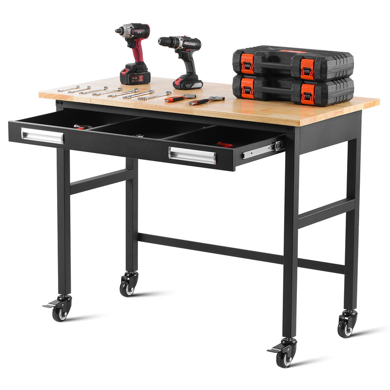 VEVOR 122 x 61 x 94 cm work table on castors, wooden top with drawer and organiser, load capacity up to 680 kg