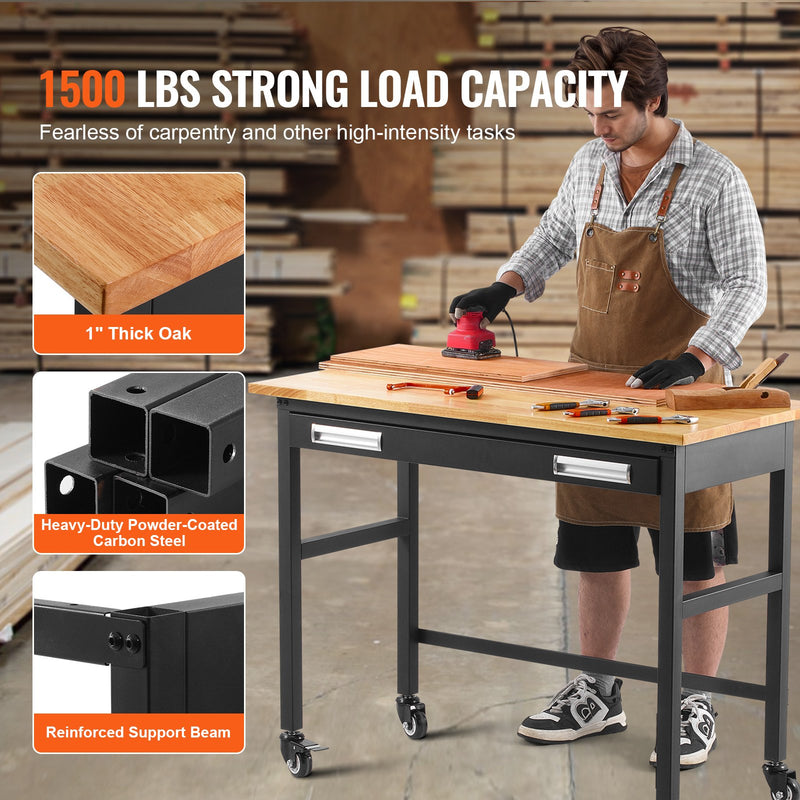 VEVOR 122 x 61 x 94 cm work table on castors, wooden top with drawer and organiser, load capacity up to 680 kg
