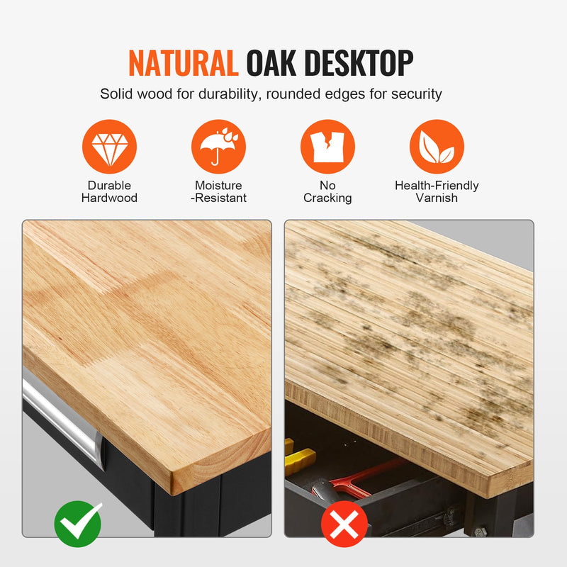 VEVOR 122 x 61 x 94 cm work table on castors, wooden top with drawer and organiser, load capacity up to 680 kg