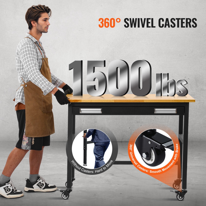 VEVOR 122 x 61 x 94 cm work table on castors, wooden top with drawer and organiser, load capacity up to 680 kg