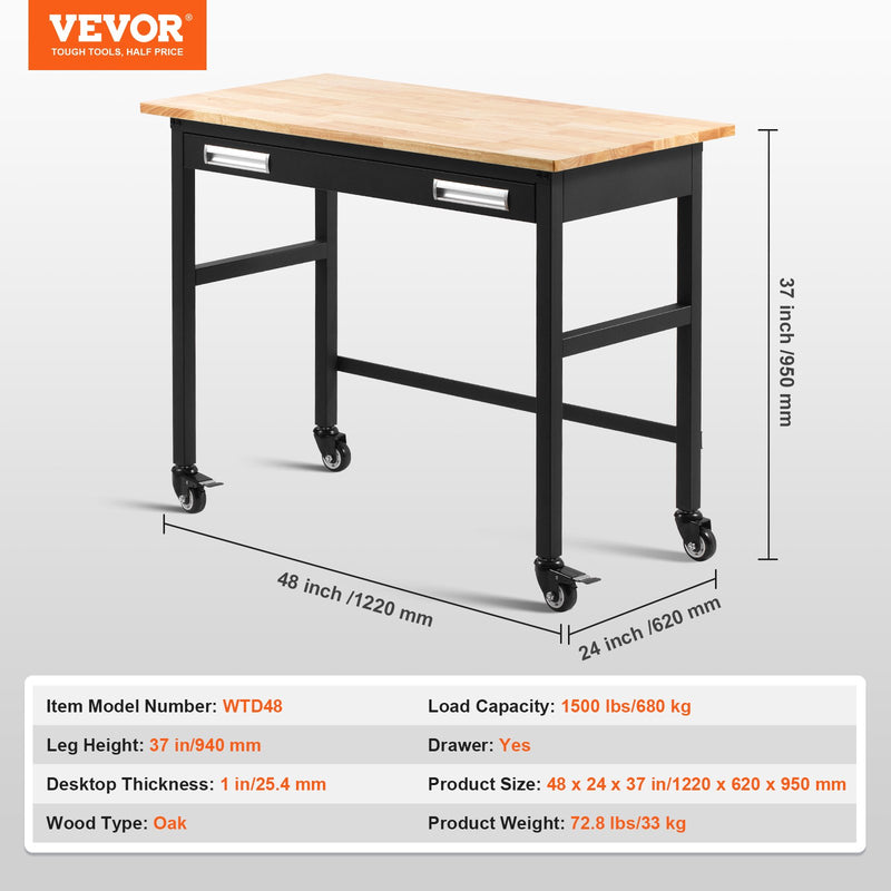 VEVOR 122 x 61 x 94 cm work table on castors, wooden top with drawer and organiser, load capacity up to 680 kg