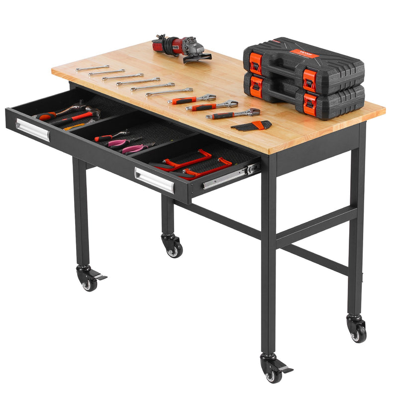 VEVOR 122 x 61 x 94 cm work table on castors, wooden top with drawer and organiser, load capacity up to 680 kg