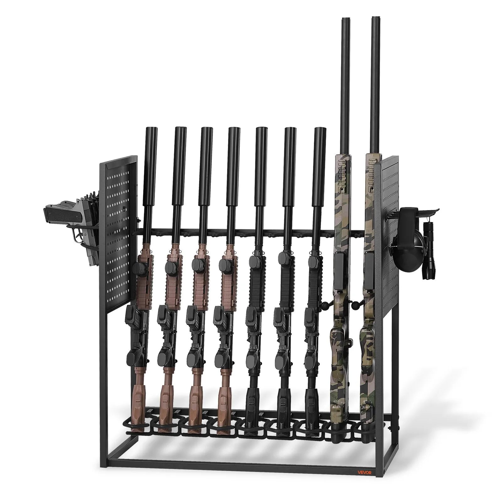 VEVOR tērauda ieroču statīvs brīvi stāvošs, iekštelpu statīvs 9 šautenēm vai bisēm un 4 pistolēm ar magazīnas turētāju, izturīgs uzglabāšanas un eksponēšanas risinājums mājai un garāžai