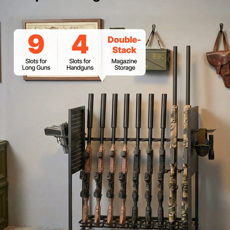 VEVOR tērauda ieroču statīvs brīvi stāvošs, iekštelpu statīvs 9 šautenēm vai bisēm un 4 pistolēm ar magazīnas turētāju, izturīgs uzglabāšanas un eksponēšanas risinājums mājai un garāžai