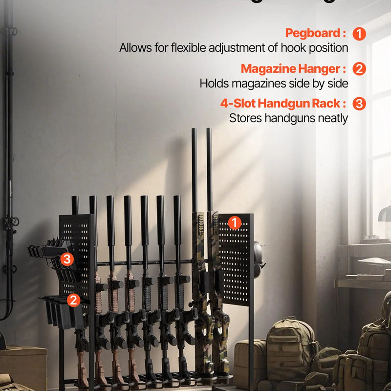 VEVOR tērauda ieroču statīvs brīvi stāvošs, iekštelpu statīvs 9 šautenēm vai bisēm un 4 pistolēm ar magazīnas turētāju, izturīgs uzglabāšanas un eksponēšanas risinājums mājai un garāžai