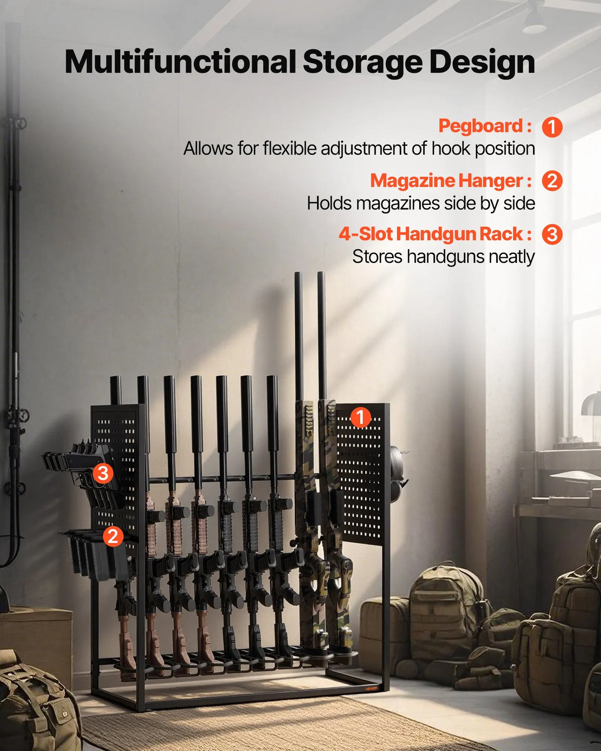 VEVOR tērauda ieroču statīvs brīvi stāvošs, iekštelpu statīvs 9 šautenēm vai bisēm un 4 pistolēm ar magazīnas turētāju, izturīgs uzglabāšanas un eksponēšanas risinājums mājai un garāžai