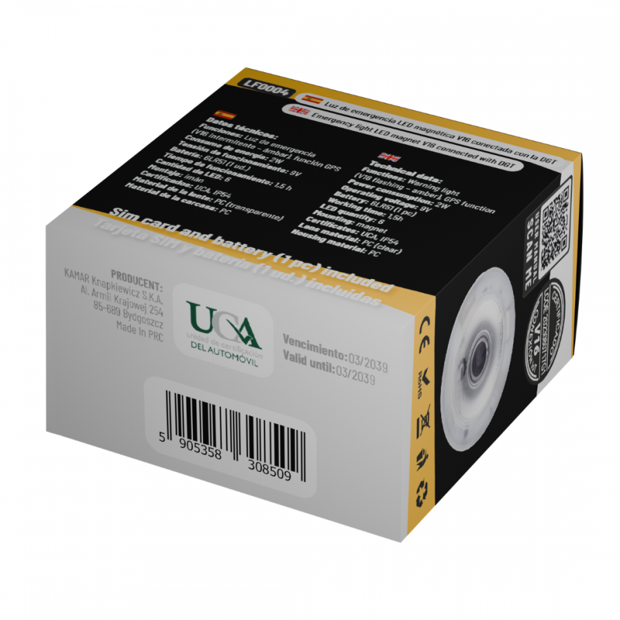 V16 LED Emergency Warning Light LF0004 with Magnet, GPS, NB-IoT, and DGT Connectivity, 2 W, IP54