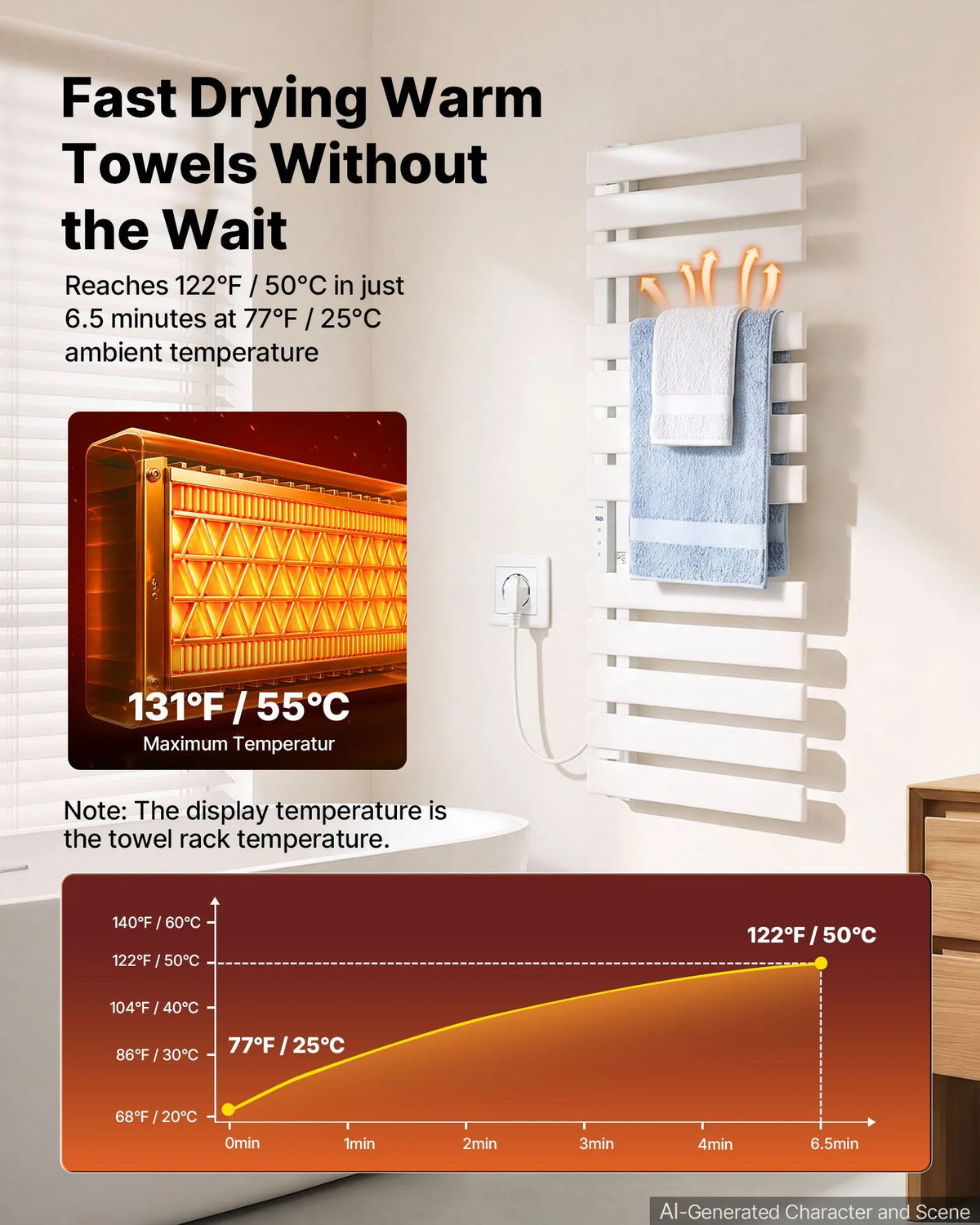 VEVOR elektriskais sienas dvieļu sildītājs un žāvētājs, 12 stieņi, alumīnija sakausējums, skārienvadība, 0–55 °C, taimeris 1–24 h, IPX4