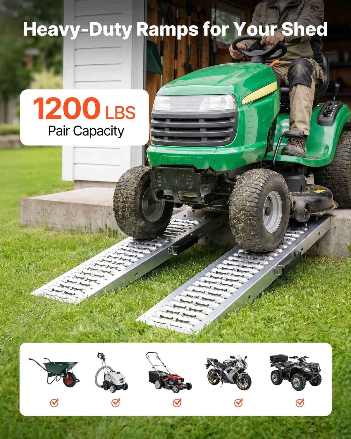 VEVOR piekabes uzbrauktuves, 2 gab., 985 × 225 mm, tērauda uzbraukšanas rampas ar neslīdošu virsmu, kravnesība 544 kg, motocikliem, zāles pļāvējiem, traktoriem un ratiem