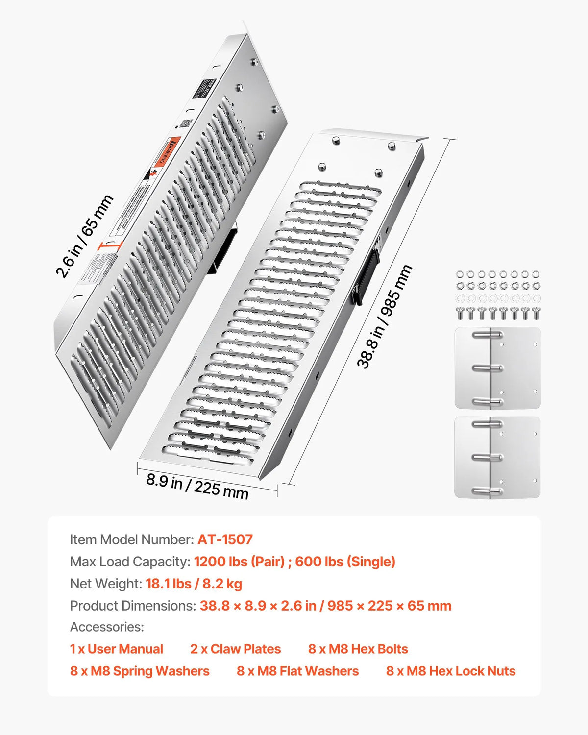 VEVOR piekabes uzbrauktuves, 2 gab., 985 × 225 mm, tērauda uzbraukšanas rampas ar neslīdošu virsmu, kravnesība 544 kg, motocikliem, zāles pļāvējiem, traktoriem un ratiem