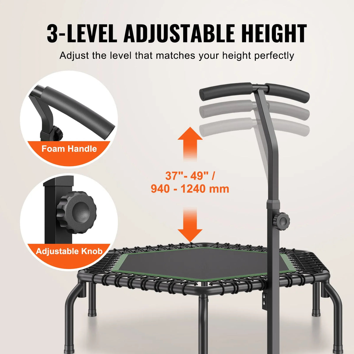 Mini fitnesa batuts 138 cm pieaugušajiem ar rokturi, iekštelpu treniņiem