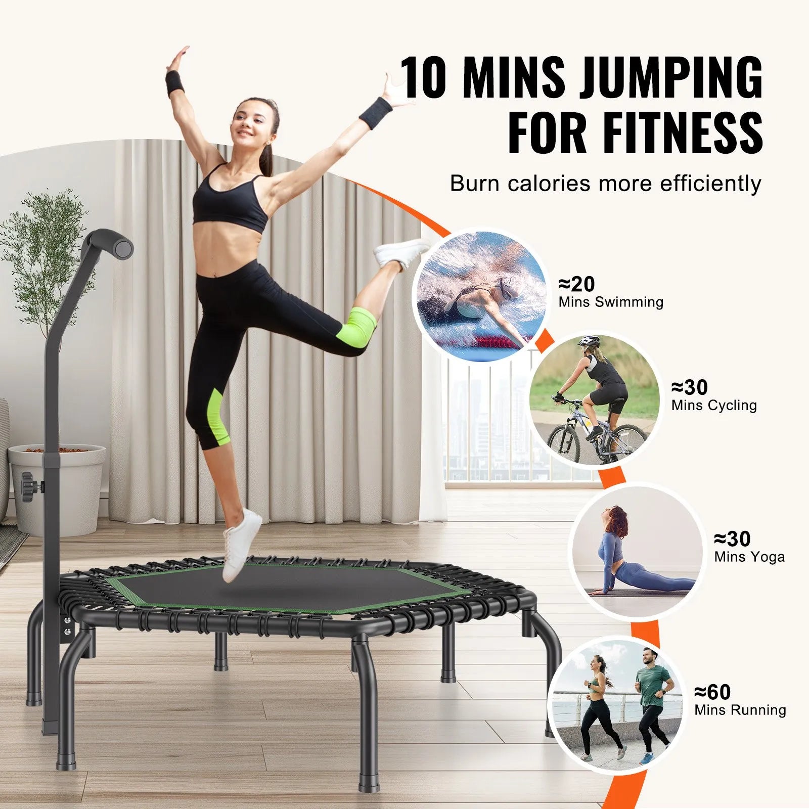 Mini fitnesa batuts 138 cm pieaugušajiem ar rokturi, iekštelpu treniņiem