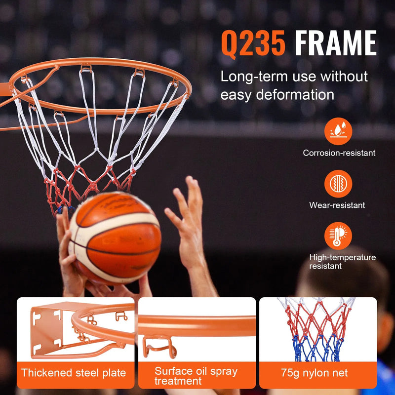 VEVOR basketbola stīpa, pie sienas vai durvīm montējams basketbola grozs, izturīga Q235 tērauda elastīgā stīpa ar tīklu, standarta 45,7 cm iekštelpu un āra piekaramais basketbola grozs bērniem un pieaugušajiem