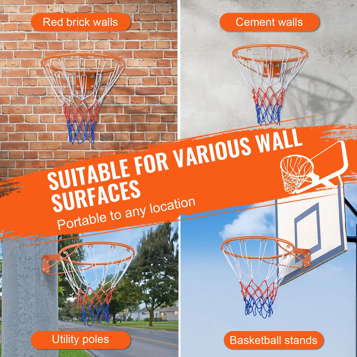 VEVOR basketbola stīpa, pie sienas vai durvīm montējams basketbola grozs, izturīga Q235 tērauda elastīgā stīpa ar tīklu, standarta 45,7 cm iekštelpu un āra piekaramais basketbola grozs bērniem un pieaugušajiem