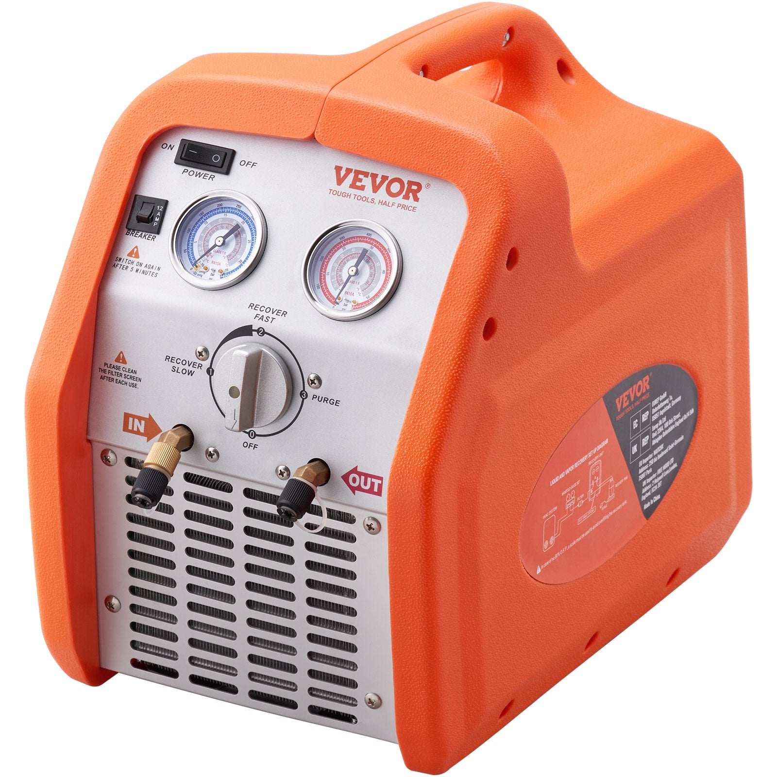 VEVOR pārnēsājama 3/4 H aukstumnesēja atgūšanas iekārta — maiņstrāvas reģenerācijas iekārta ar augsta spiediena aizsardzību 220–240 V 60 Hz reģenerācijas iekārta HVAC tvaiku šķidrajam aukstumaģentam, automašīnu gaisa kondicionēšanai