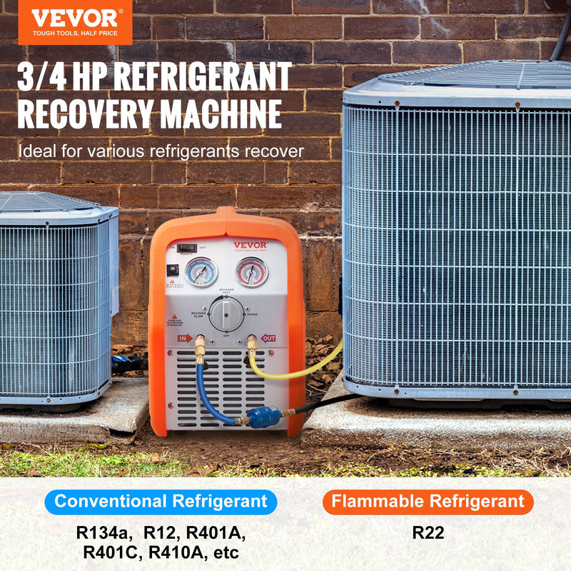VEVOR portable 3/4 H refrigerant recovery unit - AC recovery unit with high pressure protection 220-240 V 60 Hz recovery unit for HVAC vapour liquid refrigerant, automotive air conditioning