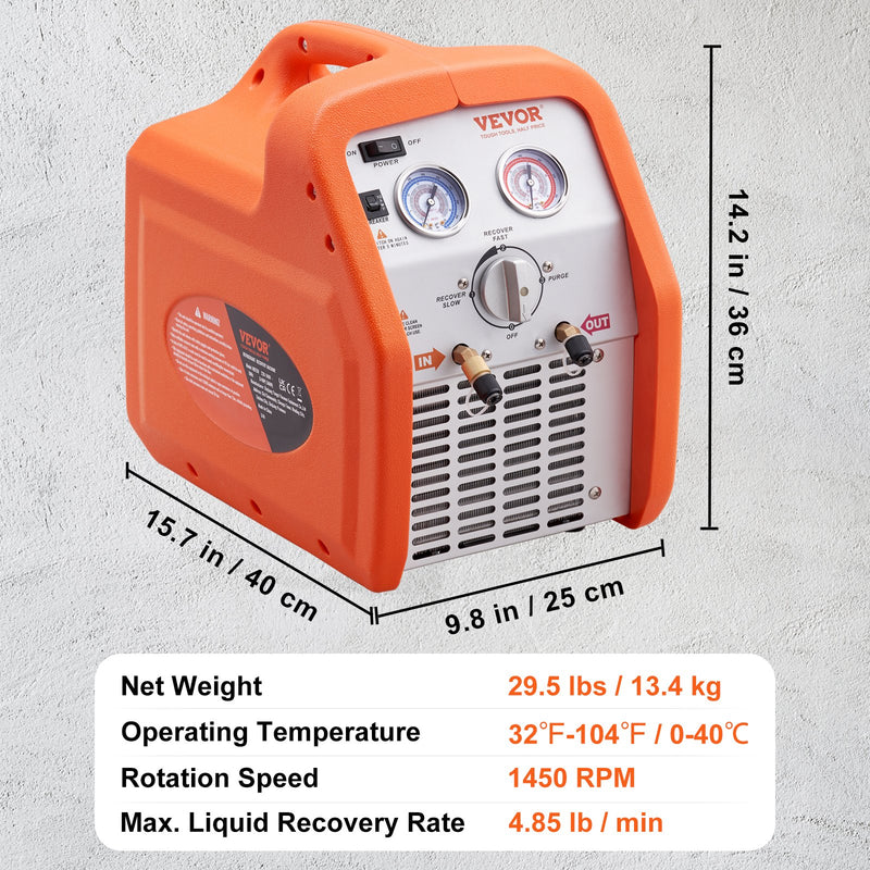 VEVOR portable 3/4 H refrigerant recovery unit - AC recovery unit with high pressure protection 220-240 V 60 Hz recovery unit for HVAC vapour liquid refrigerant, automotive air conditioning