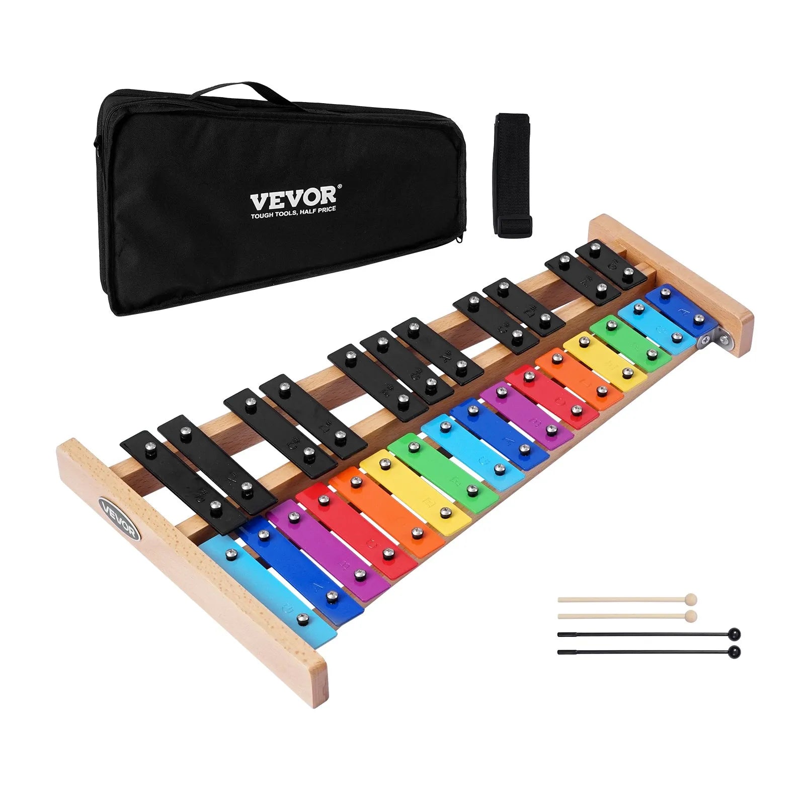 VEVOR 27 toņu glokenspīls/ksilofons ar krāsainiem metāla taustiņiem, profesionāls perkusiju instruments ar 4 vālītēm un pārnēsājamo somu, piemērots iesācējiem un pieaugušajiem