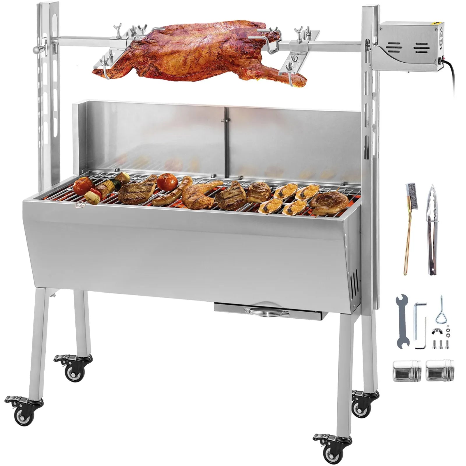 VEVOR rotējošais grils, BBQ iesma cepetis ar 60 kg kravnesību, ar ogļu deflektoru, 25 W ogļu piedziņas motoru, jēra un cūkas cepšanai, āra piknikiem un kempingam