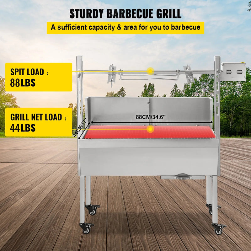 VEVOR rotējošais grils, BBQ iesma cepetis ar 60 kg kravnesību, ar ogļu deflektoru, 25 W ogļu piedziņas motoru, jēra un cūkas cepšanai, āra piknikiem un kempingam