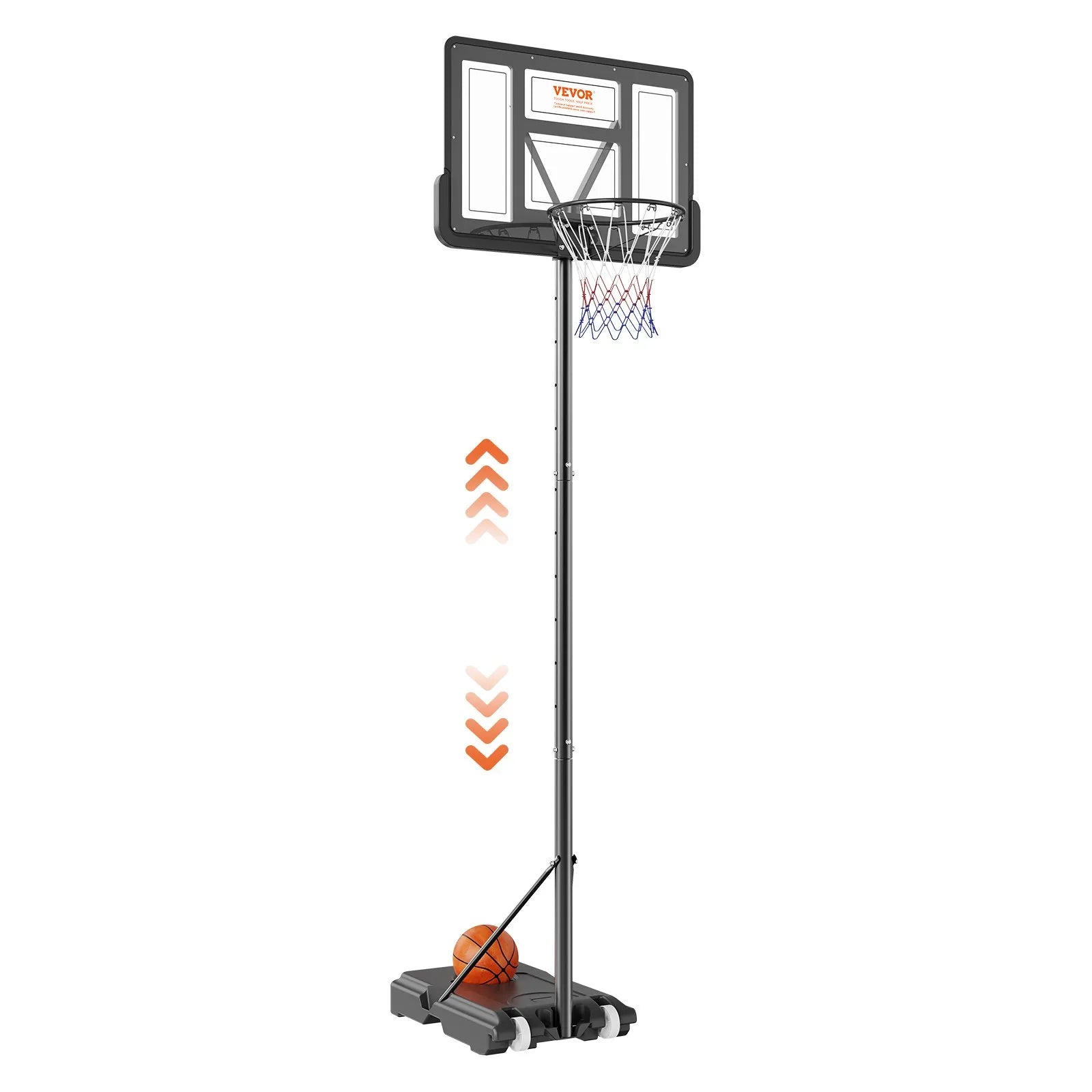 VEVOR basketbola grozs ar regulējamu augstumu 1,22–3,05 m, pārnēsājama sistēma ar 112 cm aizmugures vairogu, grozs ar statīvu, riteņiem un uzpildāmu pamatni, piemērots bērniem un pieaugušajiem, lietošanai telpās un ārā