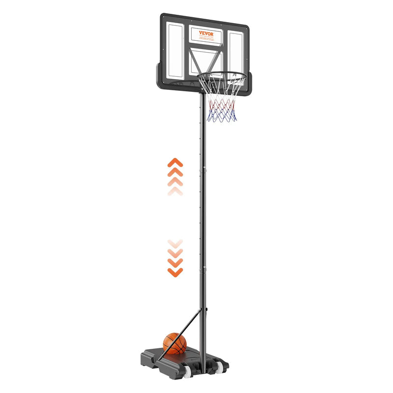 VEVOR basketbola grozs ar regulējamu augstumu 1,22–3,05 m, pārnēsājama sistēma ar 112 cm aizmugures vairogu, grozs ar statīvu, riteņiem un uzpildāmu pamatni, piemērots bērniem un pieaugušajiem, lietošanai telpās un ārā