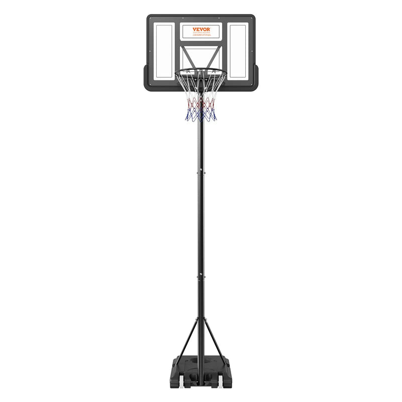 VEVOR basketbola grozs ar regulējamu augstumu 1,22–3,05 m, pārnēsājama sistēma ar 112 cm aizmugures vairogu, grozs ar statīvu, riteņiem un uzpildāmu pamatni, piemērots bērniem un pieaugušajiem, lietošanai telpās un ārā