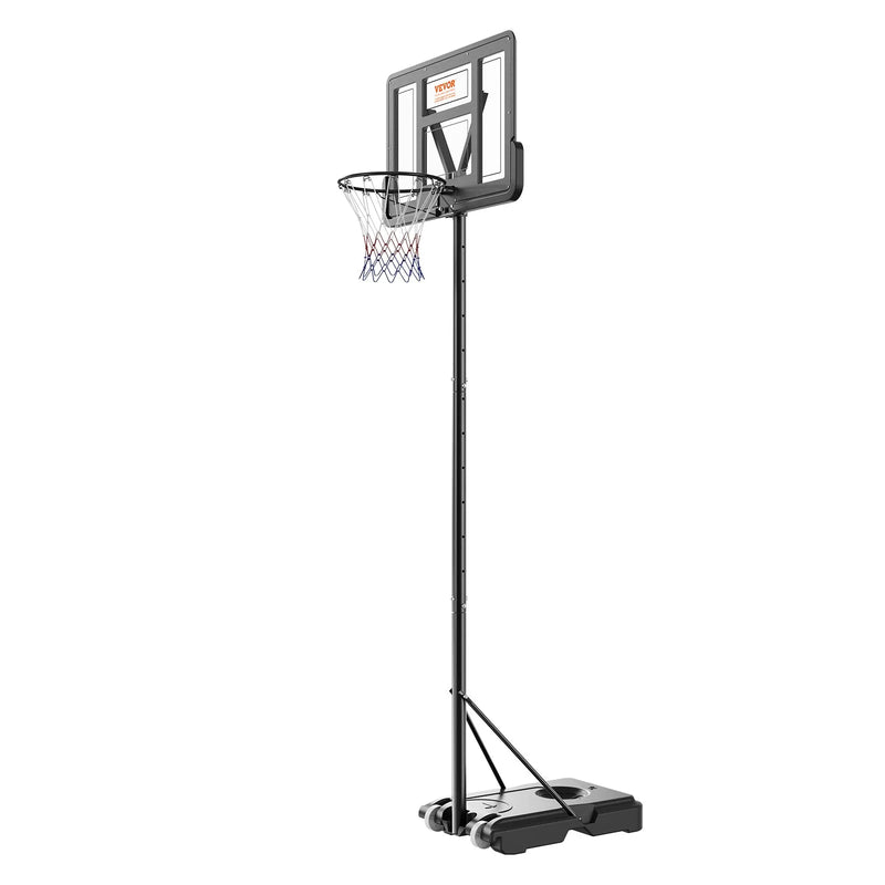 VEVOR basketbola grozs ar regulējamu augstumu 1,22–3,05 m, pārnēsājama sistēma ar 112 cm aizmugures vairogu, grozs ar statīvu, riteņiem un uzpildāmu pamatni, piemērots bērniem un pieaugušajiem, lietošanai telpās un ārā