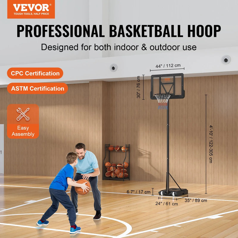 VEVOR basketbola grozs ar regulējamu augstumu 1,22–3,05 m, pārnēsājama sistēma ar 112 cm aizmugures vairogu, grozs ar statīvu, riteņiem un uzpildāmu pamatni, piemērots bērniem un pieaugušajiem, lietošanai telpās un ārā