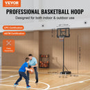 VEVOR basketbola grozs ar regulējamu augstumu 1,22–3,05 m, pārnēsājama sistēma ar 112 cm aizmugures vairogu, grozs ar statīvu, riteņiem un uzpildāmu pamatni, piemērots bērniem un pieaugušajiem, lietošanai telpās un ārā