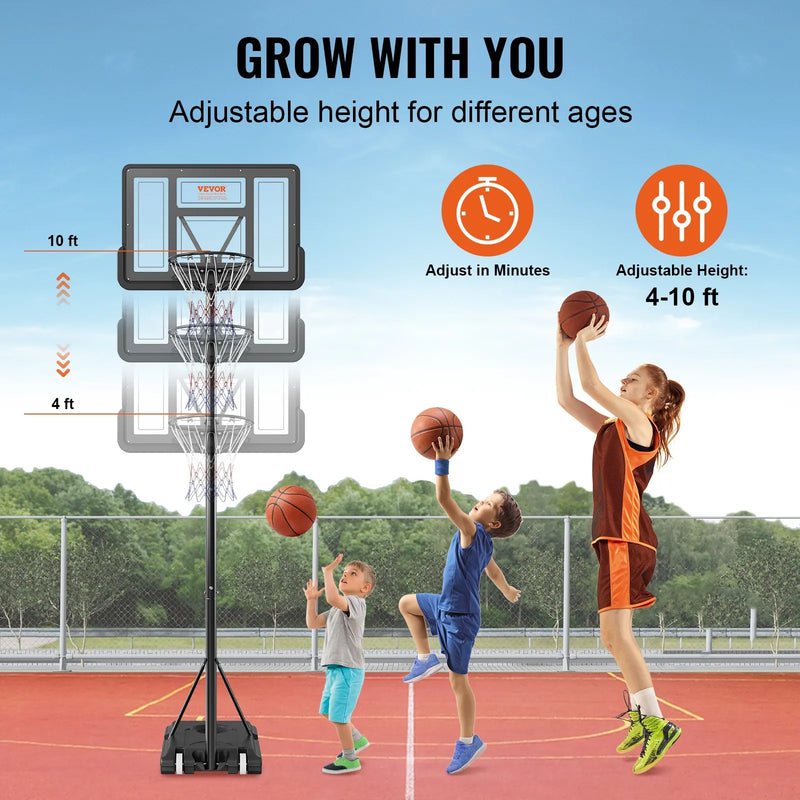 VEVOR basketbola grozs ar regulējamu augstumu 1,22–3,05 m, pārnēsājama sistēma ar 112 cm aizmugures vairogu, grozs ar statīvu, riteņiem un uzpildāmu pamatni, piemērots bērniem un pieaugušajiem, lietošanai telpās un ārā