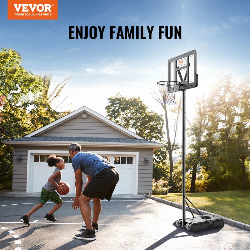VEVOR basketbola grozs ar regulējamu augstumu 1,22–3,05 m, pārnēsājama sistēma ar 112 cm aizmugures vairogu, grozs ar statīvu, riteņiem un uzpildāmu pamatni, piemērots bērniem un pieaugušajiem, lietošanai telpās un ārā