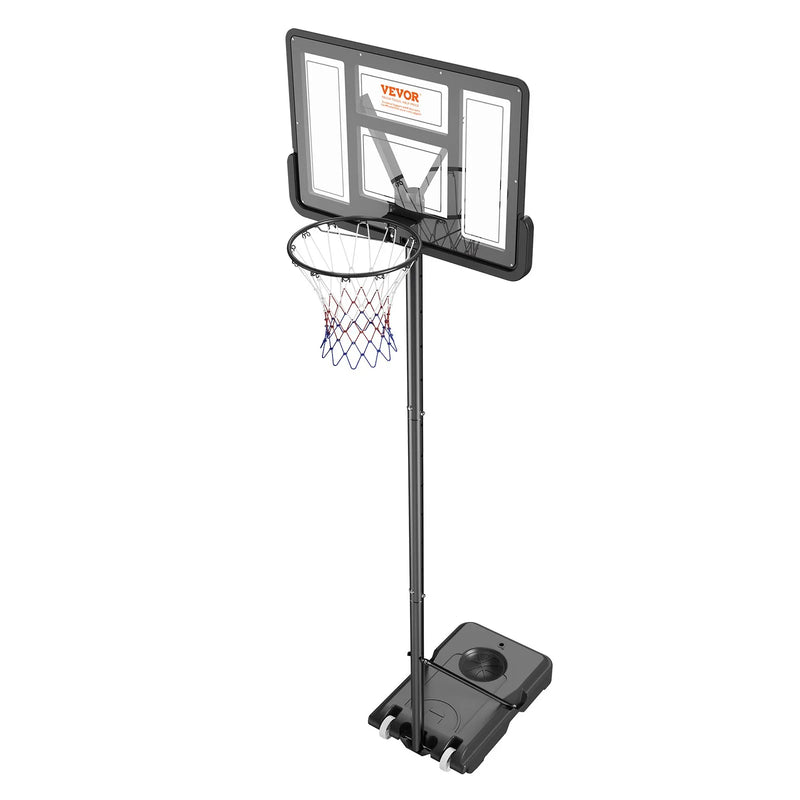 VEVOR basketbola grozs ar regulējamu augstumu 1,22–3,05 m, pārnēsājama sistēma ar 112 cm aizmugures vairogu, grozs ar statīvu, riteņiem un uzpildāmu pamatni, piemērots bērniem un pieaugušajiem, lietošanai telpās un ārā